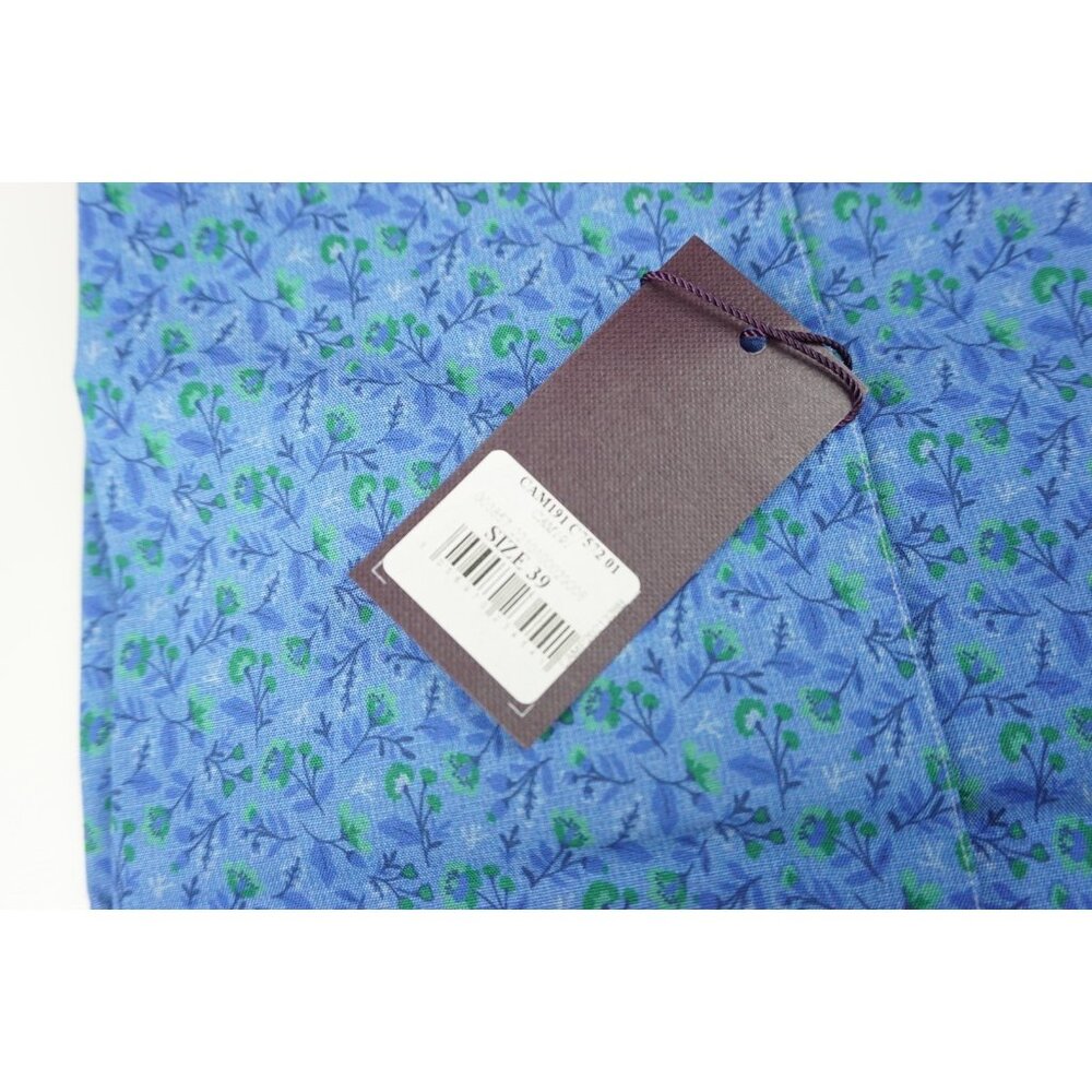 Isaia Napoli Blue Green Floral Pocket Short Sleeve Cotton Camp Shirt 15.5/39 NEW - Picture 5 of 5